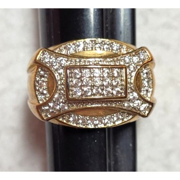 Mens Gold Plated Prong Set Cubic Zirconia CZ Classy Bling Ring Statement 10.5 - Picture 1 of 12